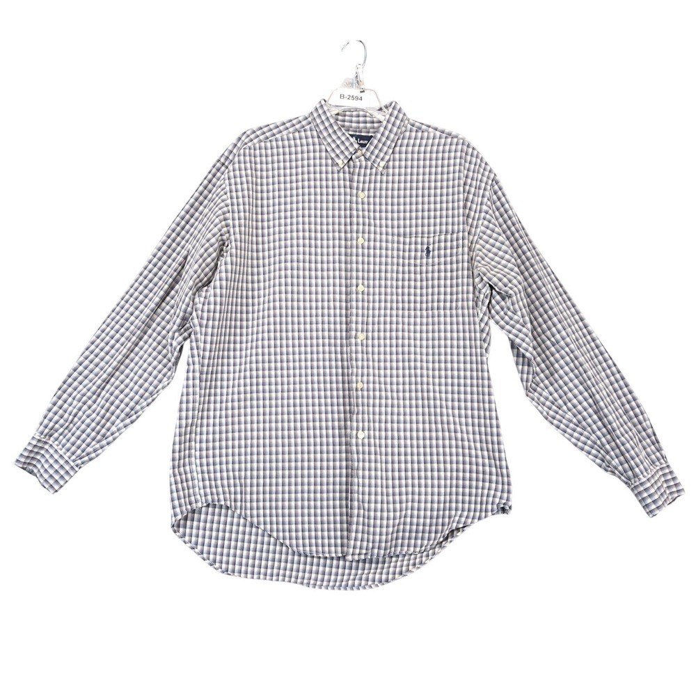 Vintage 90s Ralph Lauren Marlowe Gray Plaid Button Down Shirt Mens L Logo Preppy